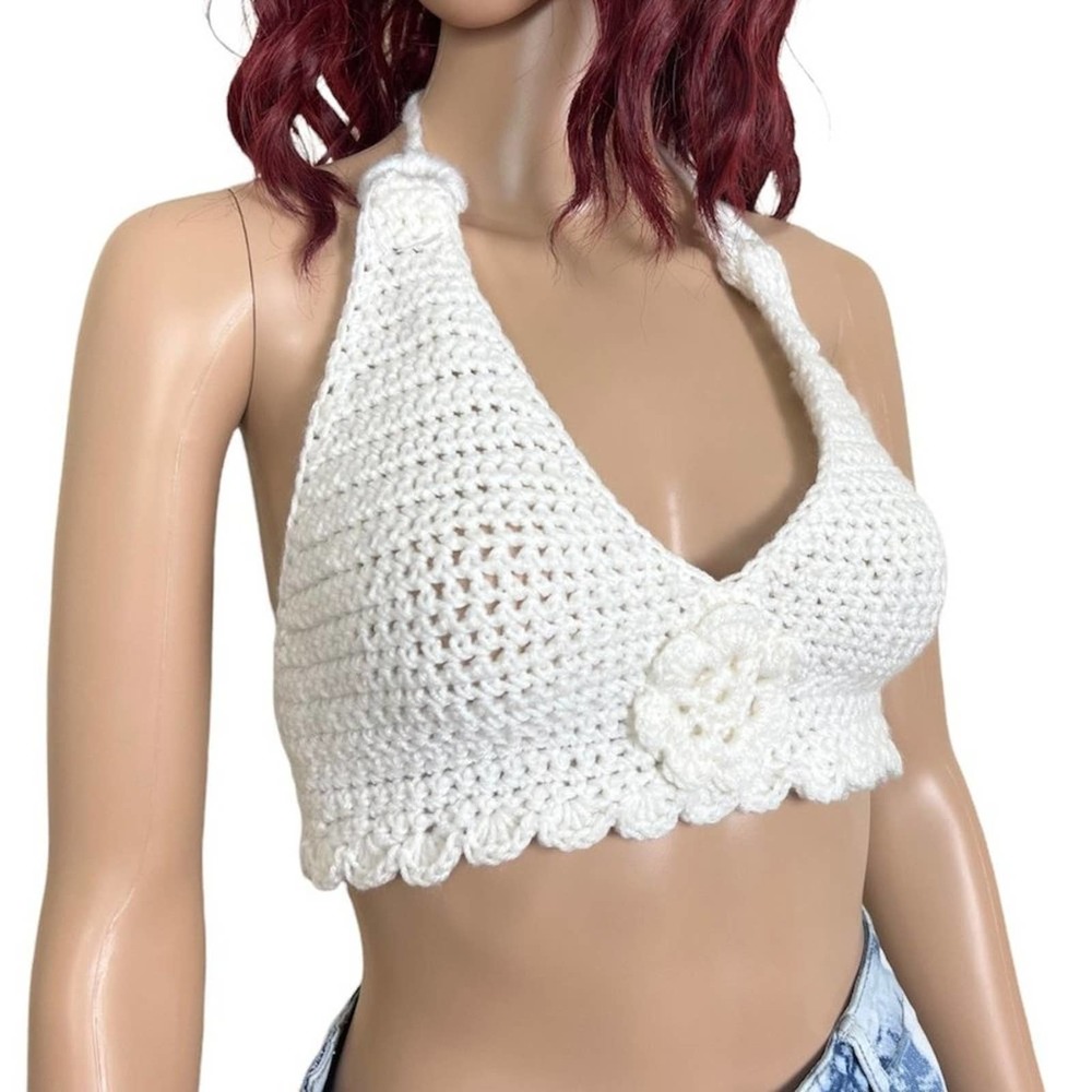 Handmade Womens Crochet Crop Top One Size White Bralette Festival Halter Boho